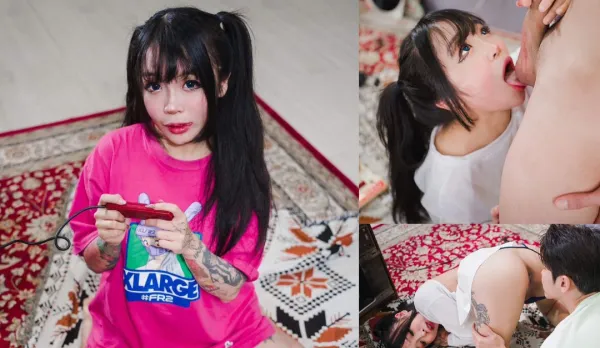 EDmosaic Squirting + Cum Swallow! Sakura Girl Plays Games with Bro, He Licks Her Juicy Round Ass!